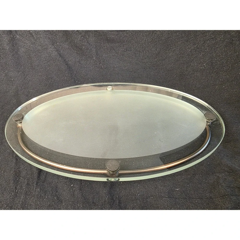 Oval Frosted Glass Vanity Tray Bronze Metal Rail Sphere Finials 12 Inch
